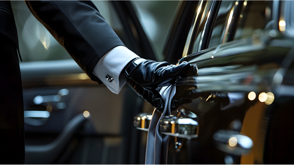 Chauffeur in suit opening limo door at Boston business district